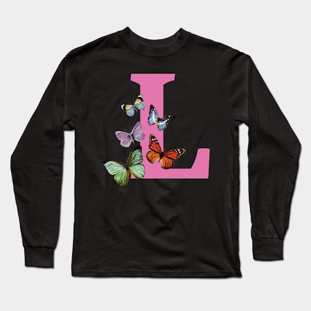 Letter pink L with colorful butterflies Long Sleeve T-Shirt by ColorsHappiness